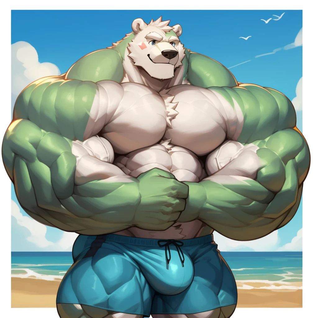 solo, 1boy, correct anatomy, perfect anatomy, (furry white bears, polar bear,) perfect proportion, big eyes, wide chest, bulky, bulk, bulge, happy. Huge Muscular Old man at the beach carrying a huge boulder,(blue shorts), view from side, pectoral, thick arms, huge pectoral, huge white fur, wide pectoral, tropical beach background, masterpiece, semirealistic:1.2, high detailed, 8k, high resolution, perfect center, full view. ((really big muscle, massive muscular, sixpack, thick arms, wide pectoral, super huge muscle, hyper muscular, over sized muscle, huge arms, big arms, huge pectoral))