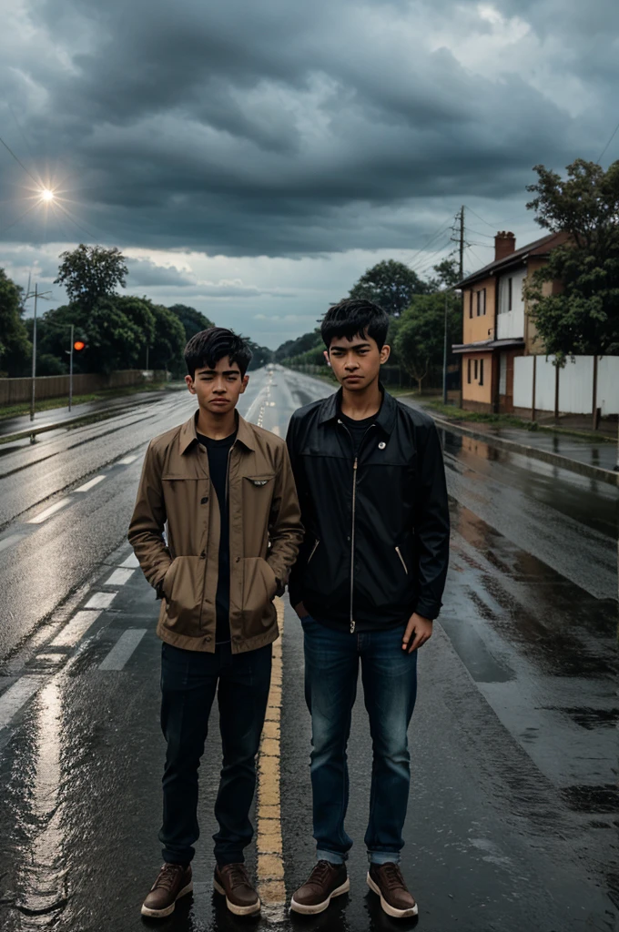 A sad boy standing on road there was raining and he was seeing in sky