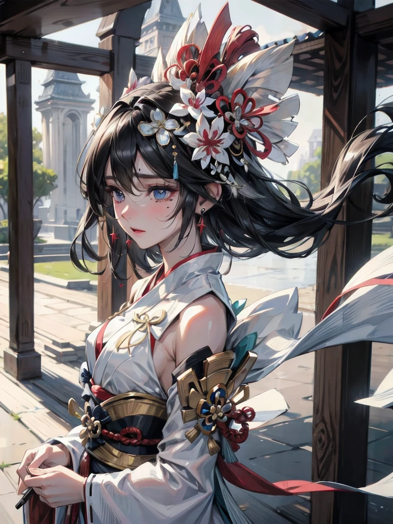 absurdres, RAW photo, extremely delicate and beautiful, masterpiece, Best Quality, ultra high resolution, 32k, hyperrealistic, ultra-detailed, delicate facial features, beautiful detailed woman, tearful mole, earring, medium breasts, full body shot, medium hair, black hair, wavy hair, Onmyoji,