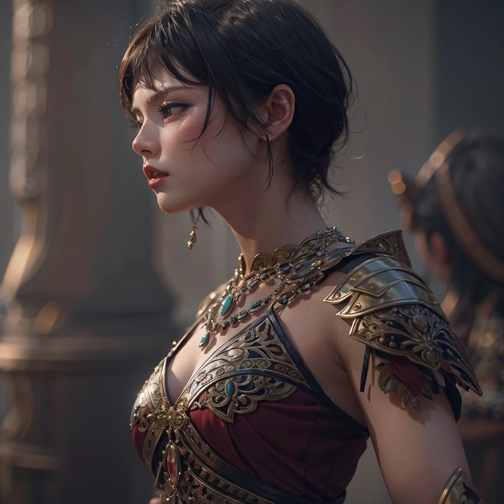 Woman in ancient battle attire、Serious expression、Short-haired、Deadly position, Gorgeous Necklace,   Beautiful and seductive woman, Realistic and perfect body, Perfect body with realistic shadows, A woman with reptilian eyes and fangs：1.5、8K