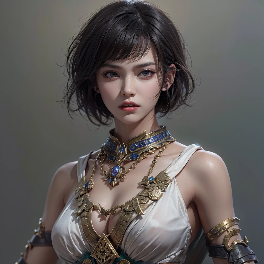 Woman in ancient battle attire、Serious expression、Short-haired、Deadly position, Gorgeous Necklace, Beautiful and seductive woman, Realistic and perfect body, Perfect body with realistic shadows, A woman with reptilian eyes and fangs:1.5、8K