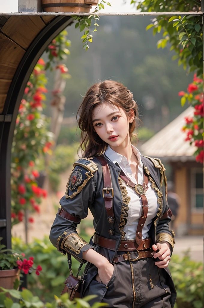 photorealistic, high resolution, soft light, a very cute and pretty brown-haired girl, solo, (detailed face), badge, medieval fantasy dark military uniform, silver hems, steampunk, Victorian police
