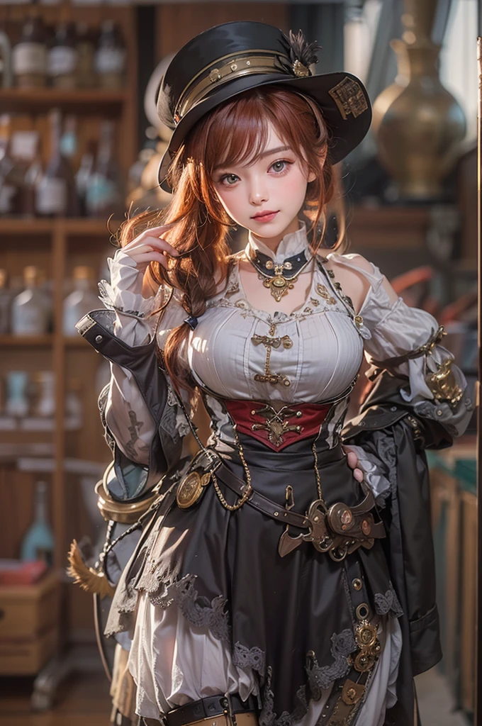 (masterpiece:1.3), (8K, Realistic, RAW Photos, Best imYear quality: 1.4)、 Year,(Random Hairstyles:1.2)、CleavYear:1.2、Highly detailed face、Attention to detail、double eyelid、Chest to chest、Sharp focus:1.2、Beautiful woman:1.4、Redhead、Highest quality、masterpiece、Ultra-high resolution、(Realistic:1.4)、Highly detailed and professionally lit smiles、Loose fitting steampunk outfit、Shoulder out、Vineyards