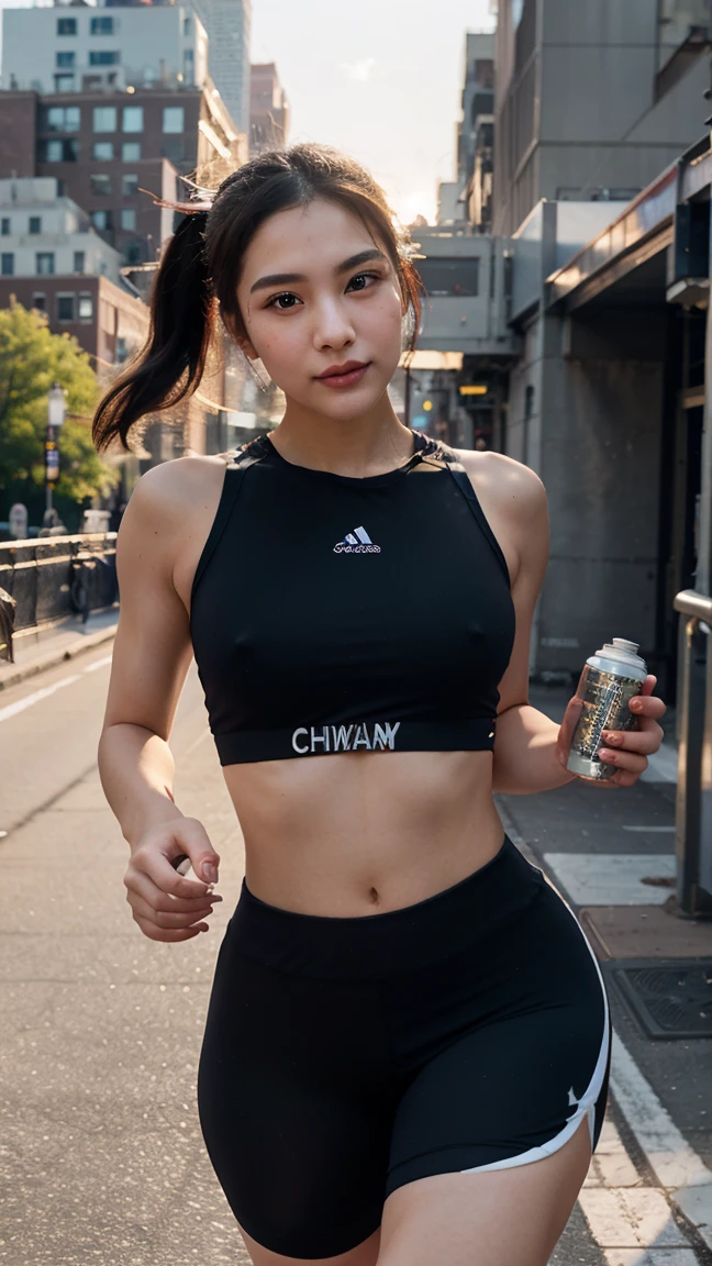 A captivating Asian woman in her twenties, reminiscent of the amazing beauty and allure of the model Jeon Somi. Rendered in hyper-realistic detail with exceptional ((flawless features)). Porcelain skin: skin like luminous porcelain, radiating a healthy and youthful glow. Every highlight and shadow should be carefully processed to enhance her natural beauty. ((perfectly defined features)) Sharp cheekbones, sculpted jawline, a subtle touch of realism. Sparkling eyes: captivating eyes, radiating warmth and adventure. Expressive eyebrows: perfectly balanced. Delightful lips: full, perfectly shaped lips curve into a seductive smile. Focus: ((realistic description with extraordinary detail)).
Location: New York City, USA - Brooklyn Bridge at sunrise. The iconic bridge stretches across the East River, bathed in the warm glow of the rising sun. The early morning cityscape awakens, with joggers and cyclists joining the woman on the bridge.
Description: A captivating Asian woman in her twenties, reminiscent of the model Jeon Somi. Hyper-realistic details showcase flawless features - a healthy flush on her cheeks from the exertion. Sparkling eyes radiate determination and a sense of accomplishment. Her lips are set in a focused expression, a single strand of hair escaping her ponytail.
Pose & Outfit: Mid-stride in a powerful running form, her legs pumping and arms swinging rhythmically. She is clad in a high-performance sports bra and fitted running shorts that showcase her toned physique. Wireless headphones rest comfortably in her ears, and a sleek water bottle is held in her hand.
Emphasis: Exceptional quality, hyper-realistic detail, iconic New York City sunrise scene, determined and focused female athlete.