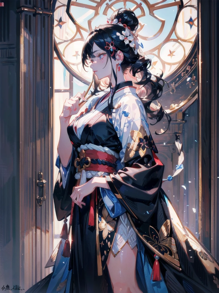 absurdres, RAW photo, extremely delicate and beautiful, masterpiece, Best Quality, ultra high resolution, 32k, hyperrealistic, ultra-detailed, delicate facial features, beautiful detailed woman, tearful mole, earring, medium breasts, full body shot, medium hair, black hair, wavy hair, Onmyoji,