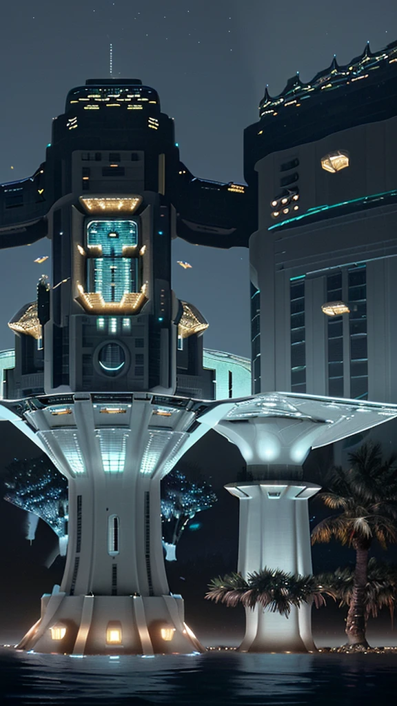 Craft a breathtaking scene of a futuristic oasis on a distant planet, emphasizing a high-resolution output. Envision towering crystalline structures reflecting the light of multiple moons with intricate details. Illuminate the landscape with luminescent flora, providing an otherworldly glow. Incorporate floating islands in the sky with intricate ecosystems, ensuring each element is vividly captured in high definition. Highlight the advanced technology seamlessly blended with the natural surroundings for a visually stunning result.