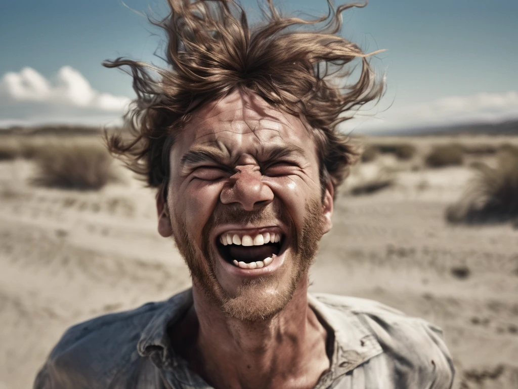 It depicts a high-energy close-up photographic portrait of a person, in a wild, windblown style. The strong wind has puffed and rippled the skin on his cheeks in a funny way. The subject's facial expression is exaggerated, with one eyes wide open, and the mouth stretched into a large toothy smile, which emphasizes the dynamism and humorous nature. The overall composition is centered, focusing on the face and hair. of the subject.