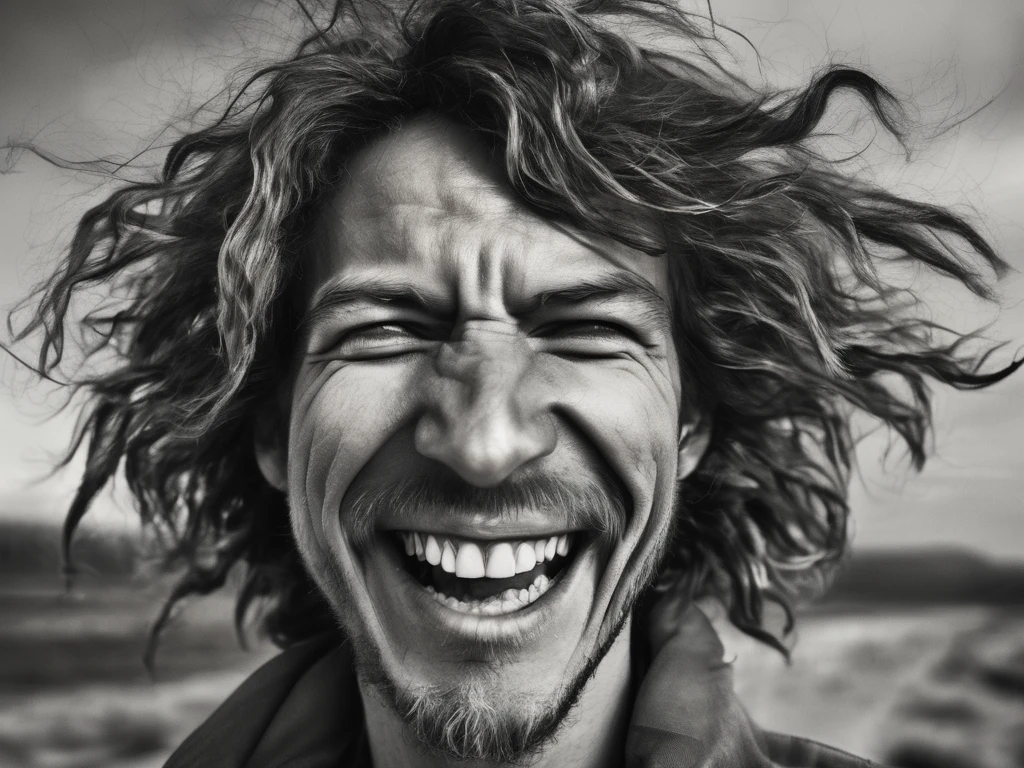 It depicts a high-energy close-up photographic portrait of a person, in a wild, windblown style. The strong wind has puffed and rippled the skin on his cheeks in a funny way. The subject's facial expression is exaggerated, with one eyes wide open, and the mouth stretched into a large toothy smile, which emphasizes the dynamism and humorous nature. The overall composition is centered, focusing on the face and hair. of the subject.