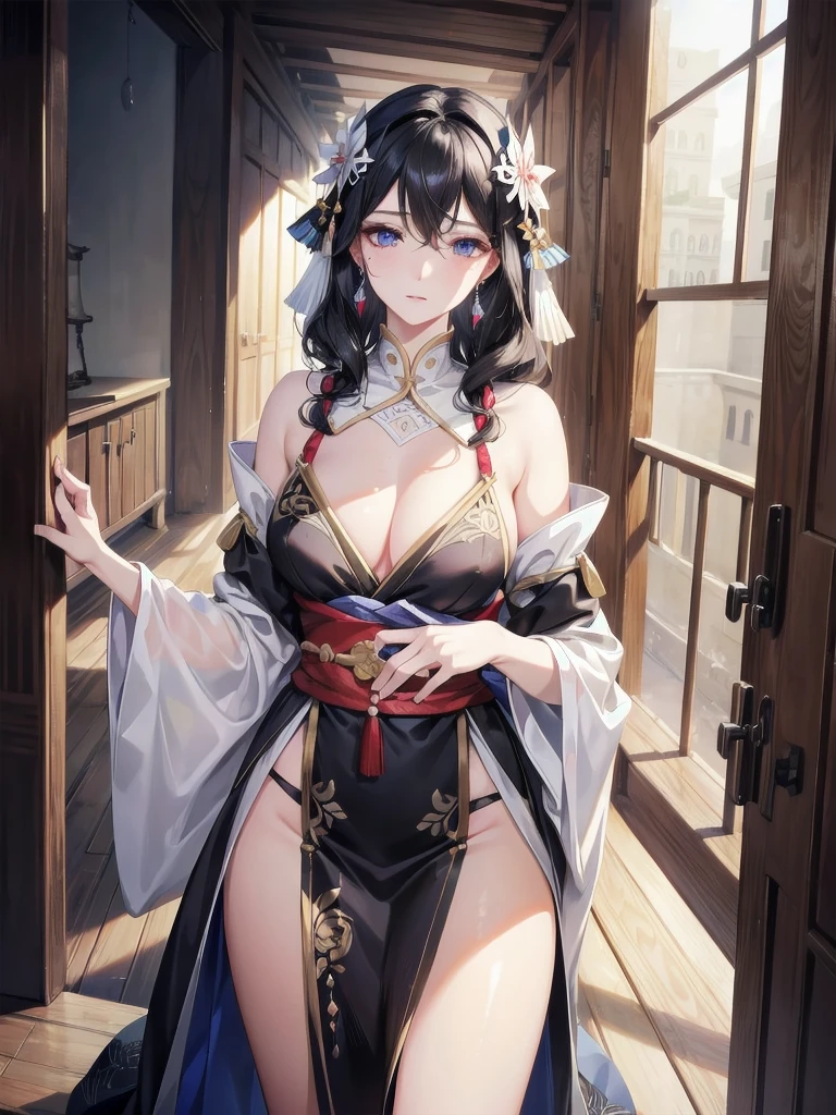 absurdres, RAW photo, extremely delicate and beautiful, masterpiece, Best Quality, ultra high resolution, 32k, hyperrealistic, ultra-detailed, delicate facial features, beautiful detailed woman, tearful mole, earring, medium breasts, full body shot, medium hair, black hair, wavy hair, Onmyoji,