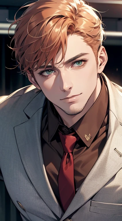 (best quality,4k,8k,highres,masterpiece:1.2),ultra-detailed,(realistic,photorealistic,photo-realistic:1.37),1 man,31 years old,mature man,very handsome,without expression,smile,short grey orange hair,green eyes,penetrating gaze,perfect face without errors,imposing posture,businessman,office background,cinematic lighting,hdr image