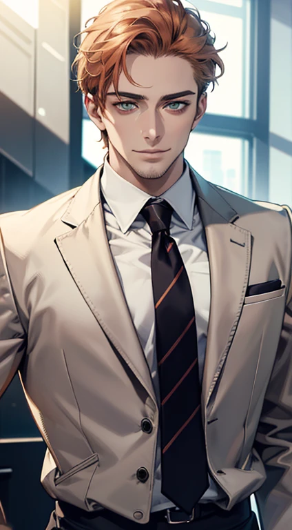 (best quality,4k,8k,highres,masterpiece:1.2),ultra-detailed,(realistic,photorealistic,photo-realistic:1.37),1 man,31 years old,mature man,very handsome,without expression,smile,short grey orange hair,green eyes,penetrating gaze,perfect face without errors,imposing posture,businessman,office background,cinematic lighting,hdr image