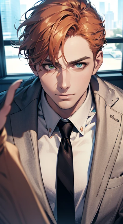 (best quality,4k,8k,highres,masterpiece:1.2),ultra-detailed,(realistic,photorealistic,photo-realistic:1.37),1 man,31 years old,mature man,very handsome,without expression,smile,short grey orange hair,green eyes,penetrating gaze,perfect face without errors,imposing posture,businessman,office background,cinematic lighting,hdr image