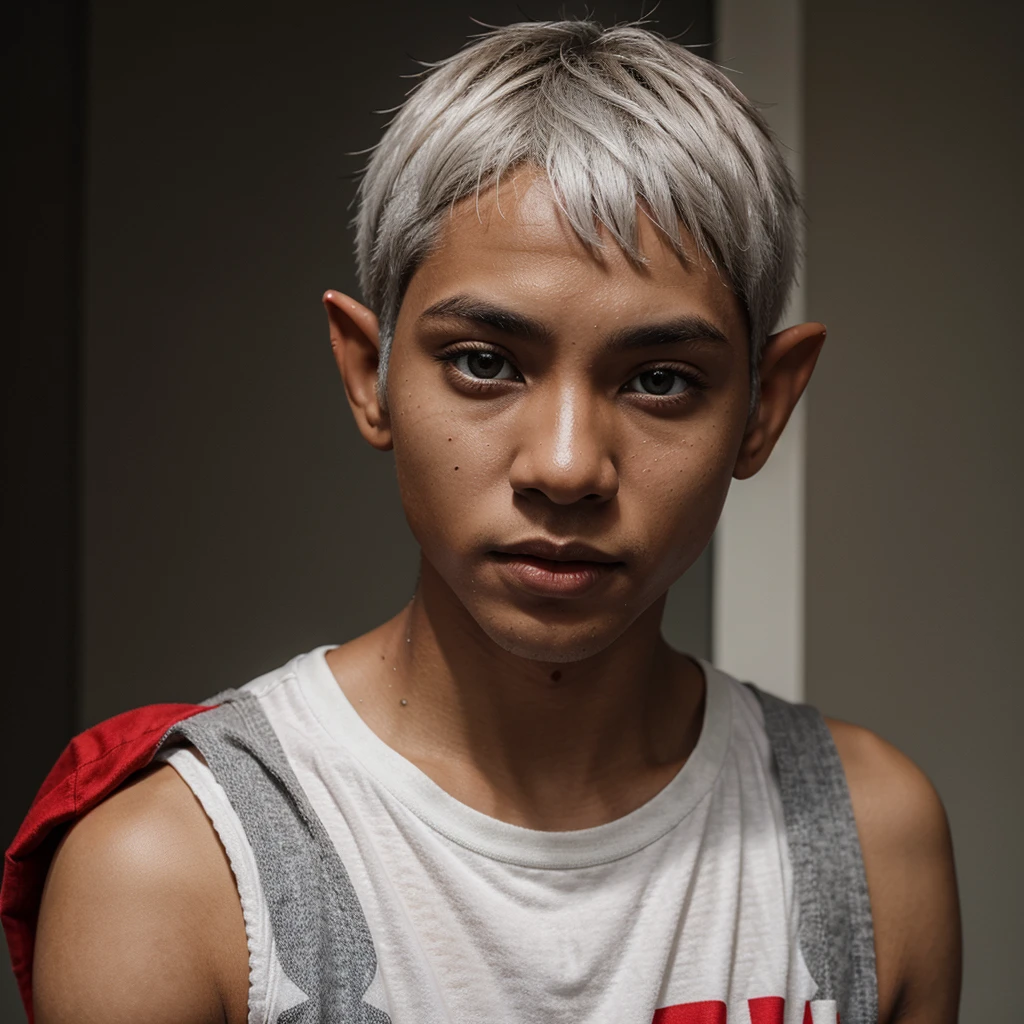 Elf, light grey skin, young guy. White short hair, red eyes, dark clothes, black face patterns