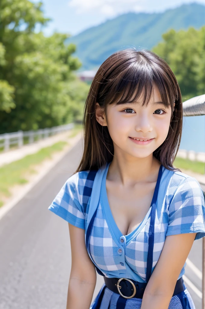 8K,masterpiece,Japanese,,from the front,smile,cute,Innocent face,Innocent,Kind eyes,Childish,(Plain T-shirt,Short sleeve,Blue checked short skirt),semi-long,Hair blowing in the wind,Black Hair,Somewhat strong wind,noon,bright,Gravure idol pose, (Large Breasts:1.2),(Emphasize the chest:1.2)