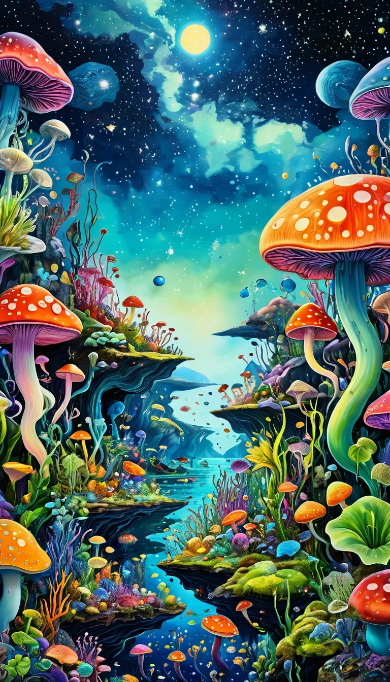 (a surreal abstract painting of the inner world of an autistic person,microorganism,fungi,aquatic plants,ocean life,eyes,starry sky,(best quality,8k,hyperrealistic,masterpiece:1.2),ultra-detailed,photorealistic,vivid colors,dramatic lighting,cinematic composition,dreamlike,psychedelic,impressionistic,organic shapes,negative space,mystical,ethereal)