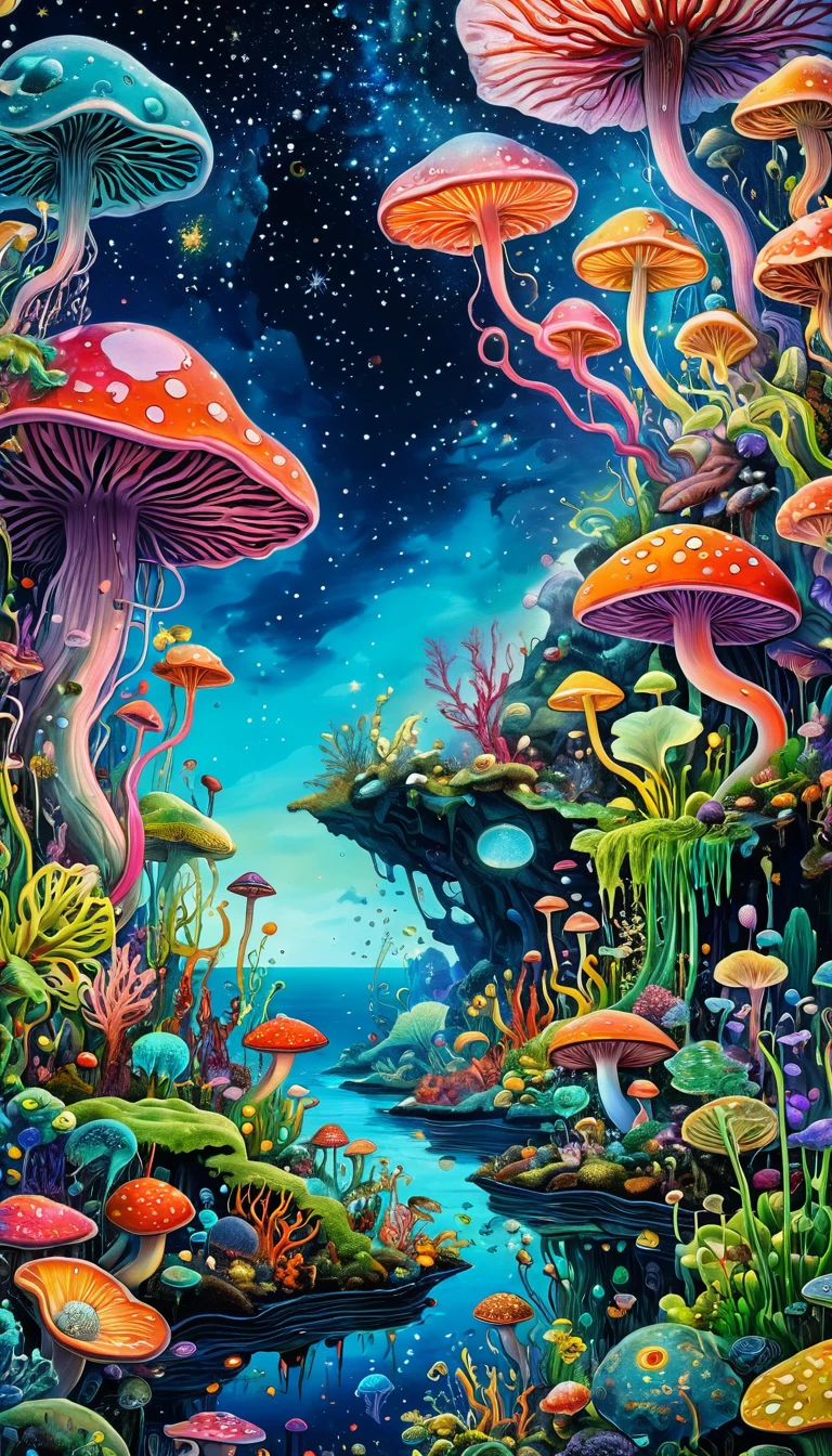 (a surreal abstract painting of the inner world of an autistic person,microorganism,fungi,aquatic plants,ocean life,eyes,starry sky,(best quality,8k,hyperrealistic,masterpiece:1.2),ultra-detailed,photorealistic,vivid colors,dramatic lighting,cinematic composition,dreamlike,psychedelic,impressionistic,organic shapes,negative space,mystical,ethereal)