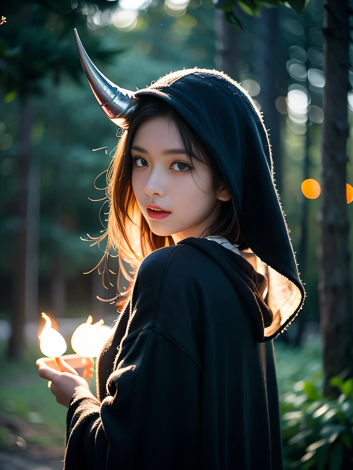 "solitary". Cowboy shooting, (Gray gloomy background, Dark Forest. Melancholy and despair, Dark Dramatic Lighting, Vignette), Realistic eyes, Pretty Face, 1. Girl in perfect shape, Druid, There are large antlers on the head, (The horn is fully visible in the frame:1.5). Long and straight hair, Flowers, firefly, Tangled branches, (She wears a veil with a hood), ((Perfect anatomical structure)), full, Upper Body, Head-to-back shooting, (Glowing eyes), A black magic, Gothic, Burn orange gradient, magic, nature, magic splash, 3D vector graphics, Fantasy Art, Watercolor effect, bokeh, Hand Painted, number, Soft lighting, Isometric style, Retro aesthetics, 4K resolution, Use Cinema 4D, Nature Lighting, , masterpiece, Very detailed, Wheel within a wheel, Ultimate texture, Fear, Excellent, crawl, Scarimog'Refinement and tranquility. Emphasis on low-poly style, The overall appearance should be stylish and beautiful, This makes it suitable for branding and logos.