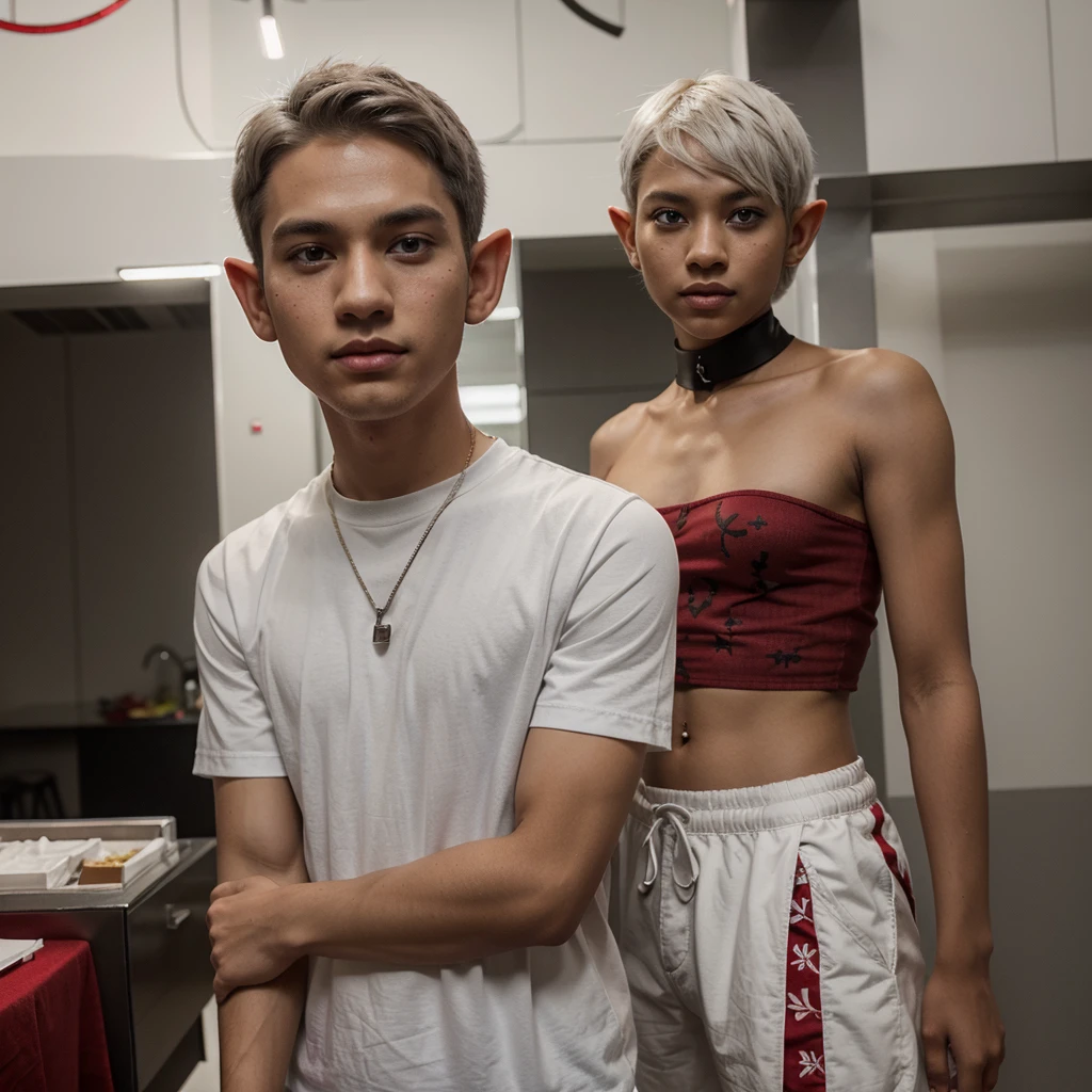 Elf, light grey skin, young guy. White short hair, red eyes, dark clothes, black face patterns