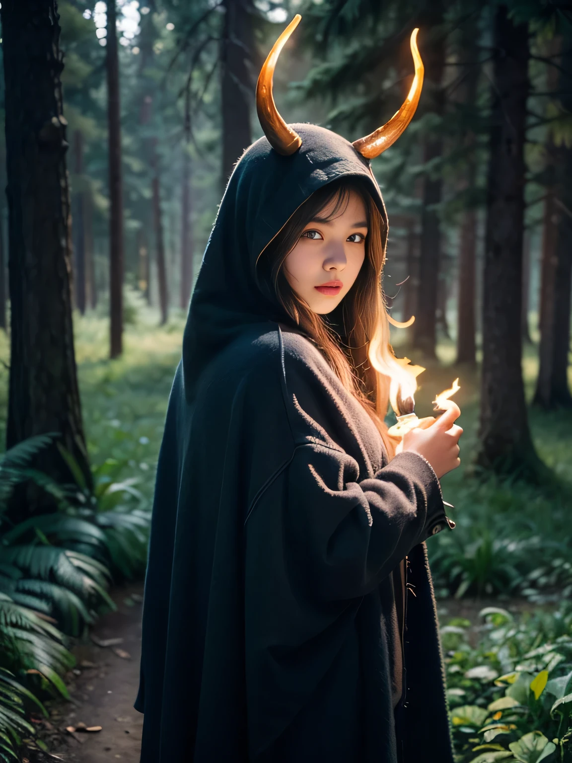 "solitary". Cowboy shooting, (Gray gloomy background, Dark Forest. Melancholy and despair, Dark Dramatic Lighting, Vignette), Realistic eyes, Pretty Face, 1. Girl in perfect shape, Druid, There are large antlers on the head, (The horn is fully visible in the frame:1.5). Long and straight hair, Flowers, firefly, Tangled branches, (She wears a veil with a hood), ((Perfect anatomical structure)), full, Upper Body, Head-to-back shooting, (Glowing eyes), A black magic, Gothic, Burn orange gradient, magic, nature, magic splash, 3D vector graphics, Fantasy Art, Watercolor effect, bokeh, Hand Painted, number, Soft lighting, Isometric style, Retro aesthetics, 4K resolution, Use Cinema 4D, Nature Lighting, , masterpiece, Very detailed, Wheel within a wheel, Ultimate texture, Fear, Excellent, crawl, Scarimog'Refinement and tranquility. Emphasis on low-poly style, The overall appearance should be stylish and beautiful, This makes it suitable for branding and logos.