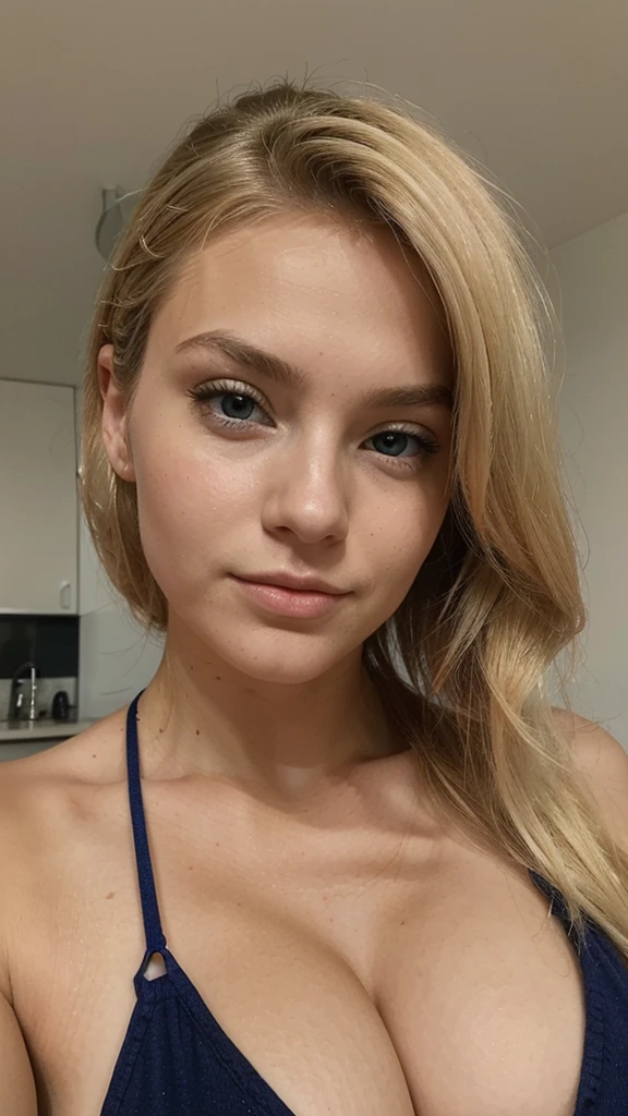 Femme blonde, 20 ans, européenne, sexy, cheveux long, yeux bleu, qui nous regarde de face
