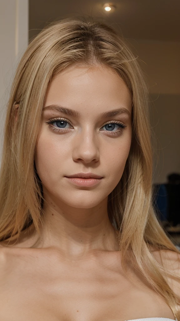 Femme blonde, 20 ans, européenne, sexy, cheveux long, yeux bleu, qui nous regarde de face