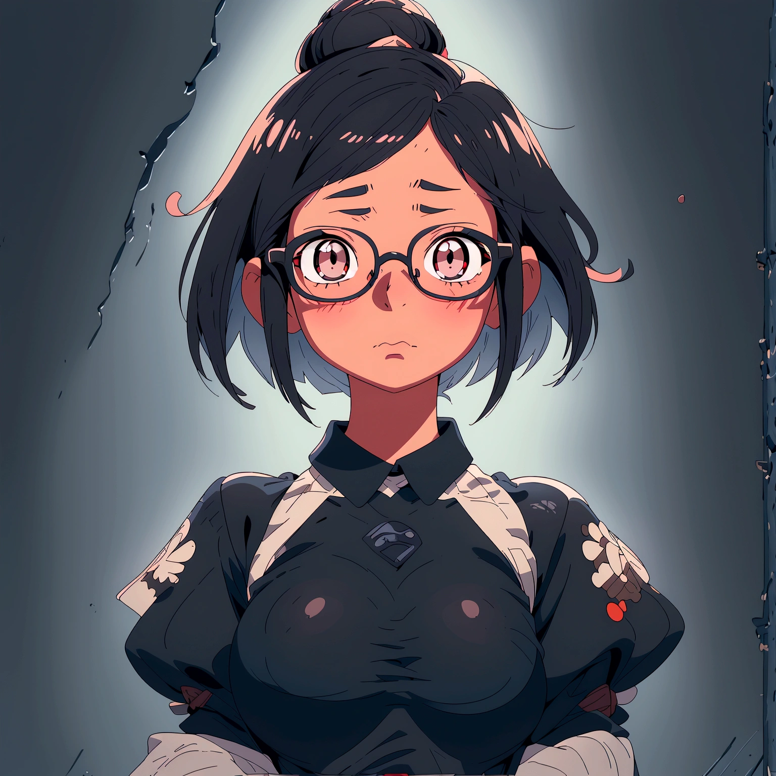 A bob-cut elementary school girl wearing glasses, black eye, no wearing, rubbing her breasts, Touching nipples, White skin, large breasts, looking up, black hair, winking, sad