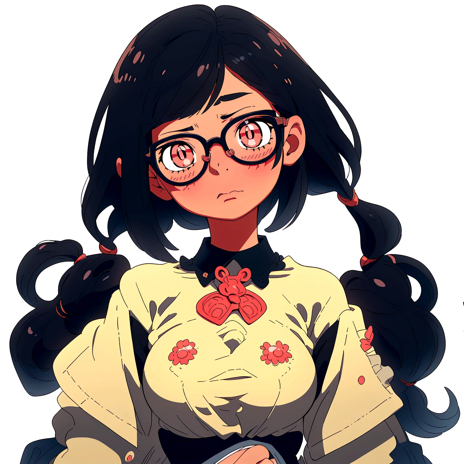 A bob-cut elementary school girl wearing glasses, black eye, no wearing, rubbing her breasts, Touching nipples, White skin, large breasts, looking up, black hair, winking, sad