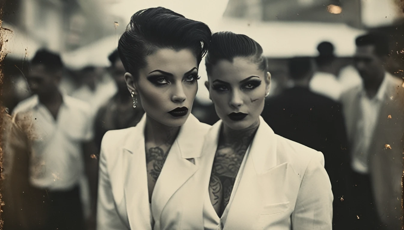 35mm vintage street photo of a powerful beautiful lady, horn, slick back hair, muscular, gangster, neck tattoo, face tattoo, head up, white suit, white shirt,evil laugh, determined eyes, glowing eyes, proud, scary, eerie, dark, lucifer, in the street, bokeh, professional