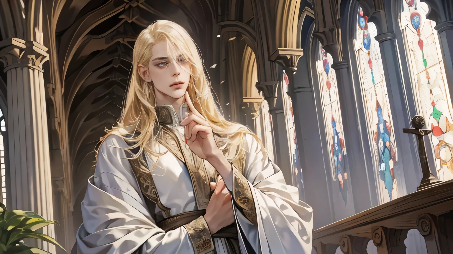 Middle Ages, One, Castlevania Lord handsome, a thin man heads a monastery, beautiful robe, white fabric clothes, A cross hangs around my neck, priest, dynamic pose, super detailed face, long hair, blonde hair, Sharp facial features, adult, handsome man, heavenly eyes, beautiful hands, in a beautiful garden, gothic windows, church,  deep light, detailed face, A thoughtful look , beautiful fingers