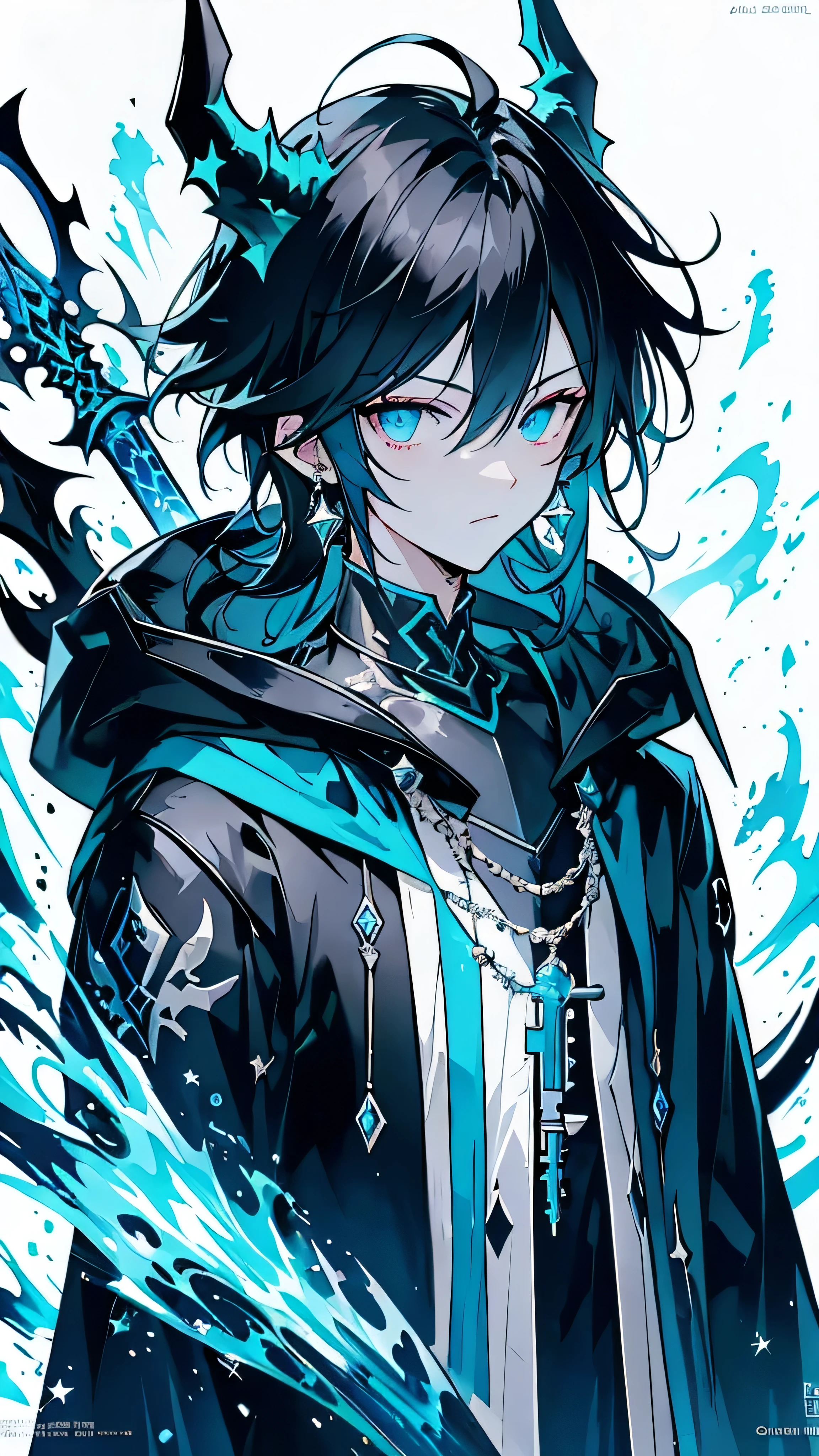 (masterpiece:1.2、highest quality), (Exquisite eyes: 1.2), (Detailed Background、Dark fantasy), (beauty detailed face), High Contrast, (Best lighting、Very delicate and beauty), ((Cinema Lighting) )), colorful, Hyper Detail, Dramatic Light, Intricate details, (1 boy, scruffy black hair, bangs, Blue eyes, moon, dark night, long earrings, black hoodie, blue demon horns, blue great sword at the back, looking at viewer, upper body), Black light swirling around the character, Depth of written boundary, black light particles, Nightcore, Spectacular anime style, zerochan art, Anime Wallpaper, Burning, High quality anime art style, Key Anime Art