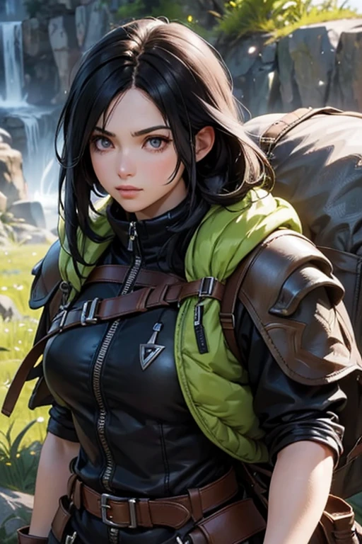 Female Adventurer Mountaineering boots Shoulder-length black hair Almond-shaped eyes A backpack bigger than your upper body Active Final Fantasy Style