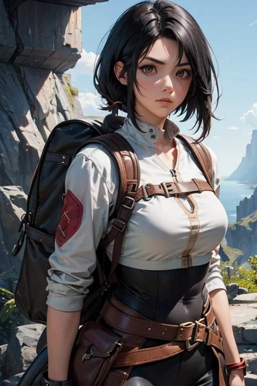 Female Adventurer　Mountaineering boots　Shoulder-length black hair　Almond-shaped eyes　A backpack bigger than your upper body　Active　Final Fantasy Style