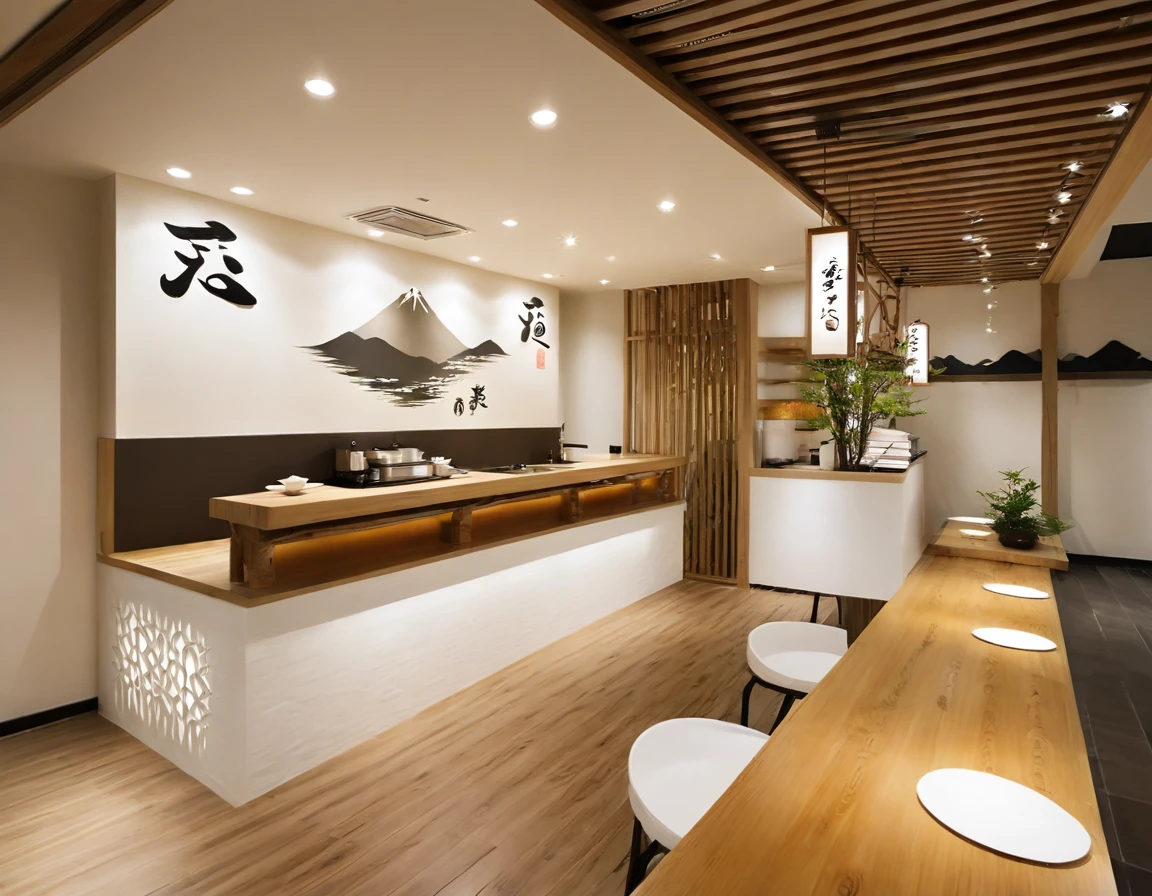 (MASTER INTERIOR DESIGNS), (GOOD DETAIL) An interior shot of a reception space in a ramen restaurant with a modern Japanese style. The space is decorated with Japanese details and has a white color scheme. The restaurant is inspired by the Hokkaido region of Japan and features mountain-themed decor. The space is well-lit and has a warm and inviting atmosphere.