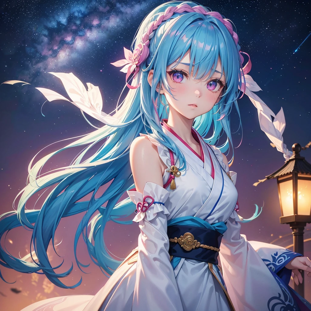 Sky blue hair, Braided Ponytail,(Pink Eyes),Fair skin ,(whole body),(One girl),Hanfu,The goddess,Tanabata,(A beautiful Milky Way in the night sky),Hollow Eyes,Straight bangs,(masterpiece, Highest quality, Very detailed, Best Shadow), (Detailed Background), (Beautifully detailed face), High Contrast, (Best lighting, Very delicate and beautiful), ((Cinematic Light)), colorful, Hyper Detail, Dramatic Light, Intricate details,