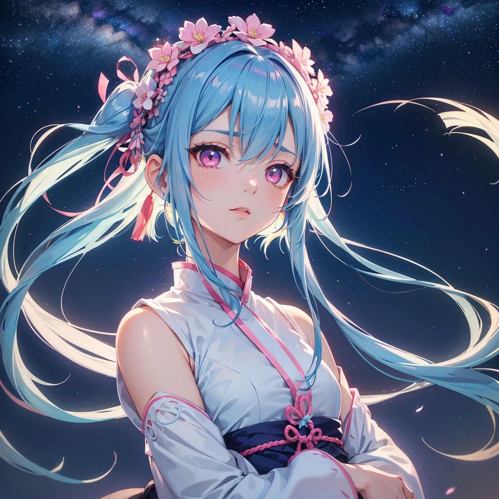 Sky blue hair, Braided Ponytail,(Pink Eyes),Fair skin ,(whole body),(One girl),Hanfu,The goddess,Tanabata,(A beautiful Milky Way in the night sky),Hollow Eyes,Straight bangs,(masterpiece, Highest quality, Very detailed, Best Shadow), (Detailed Background), (Beautifully detailed face), High Contrast, (Best lighting, Very delicate and beautiful), ((Cinematic Light)), colorful, Hyper Detail, Dramatic Light, Intricate details,