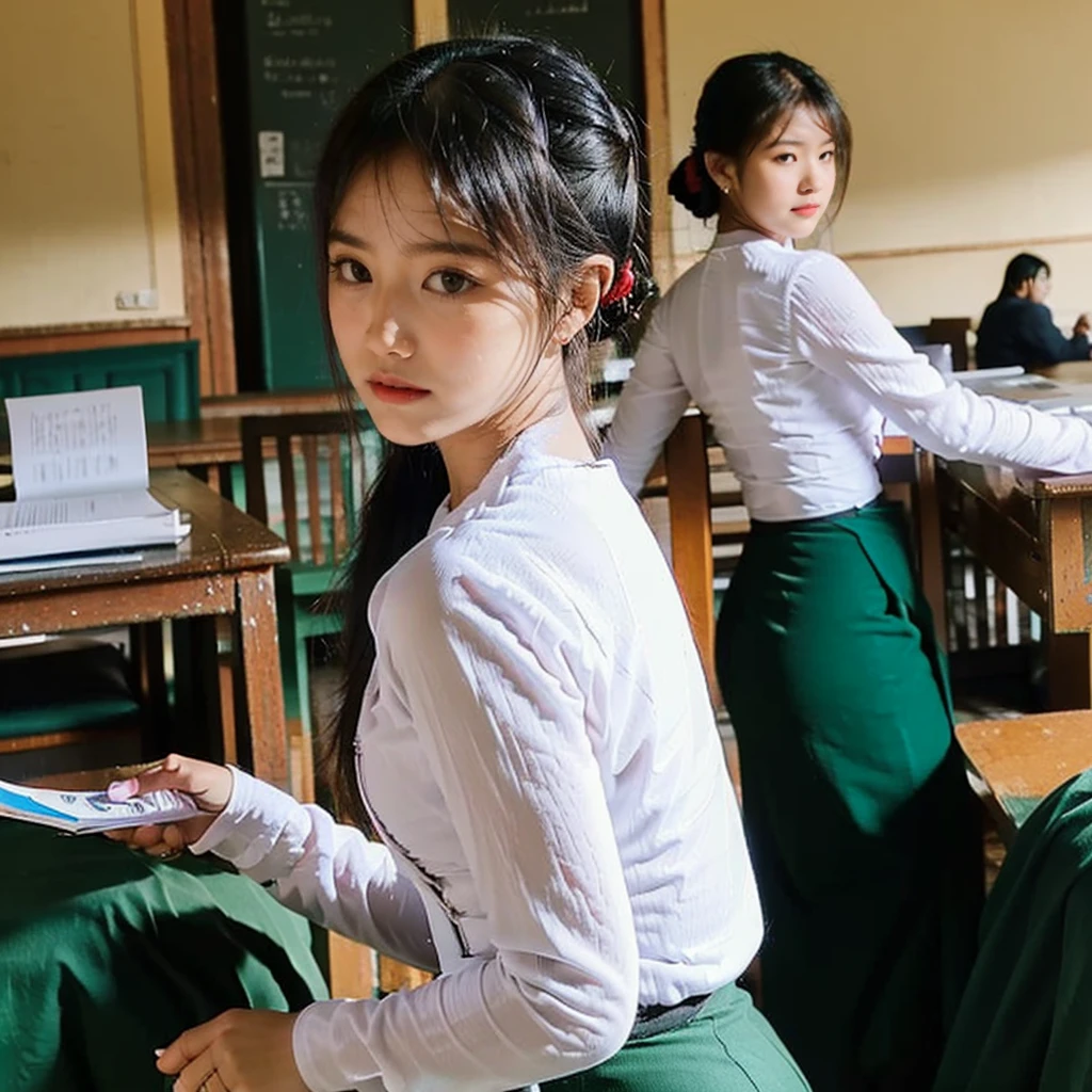 a 30 year old tall, thin female teacher with big hips, big breasts, black hair, small lips, brown eyes, attractive, wearing a white Burmese blouse with long sleeves, buttoned at the side, dark green long skirt, female Burmese sandals, hair in a knotted bun, looking back over her shoulder