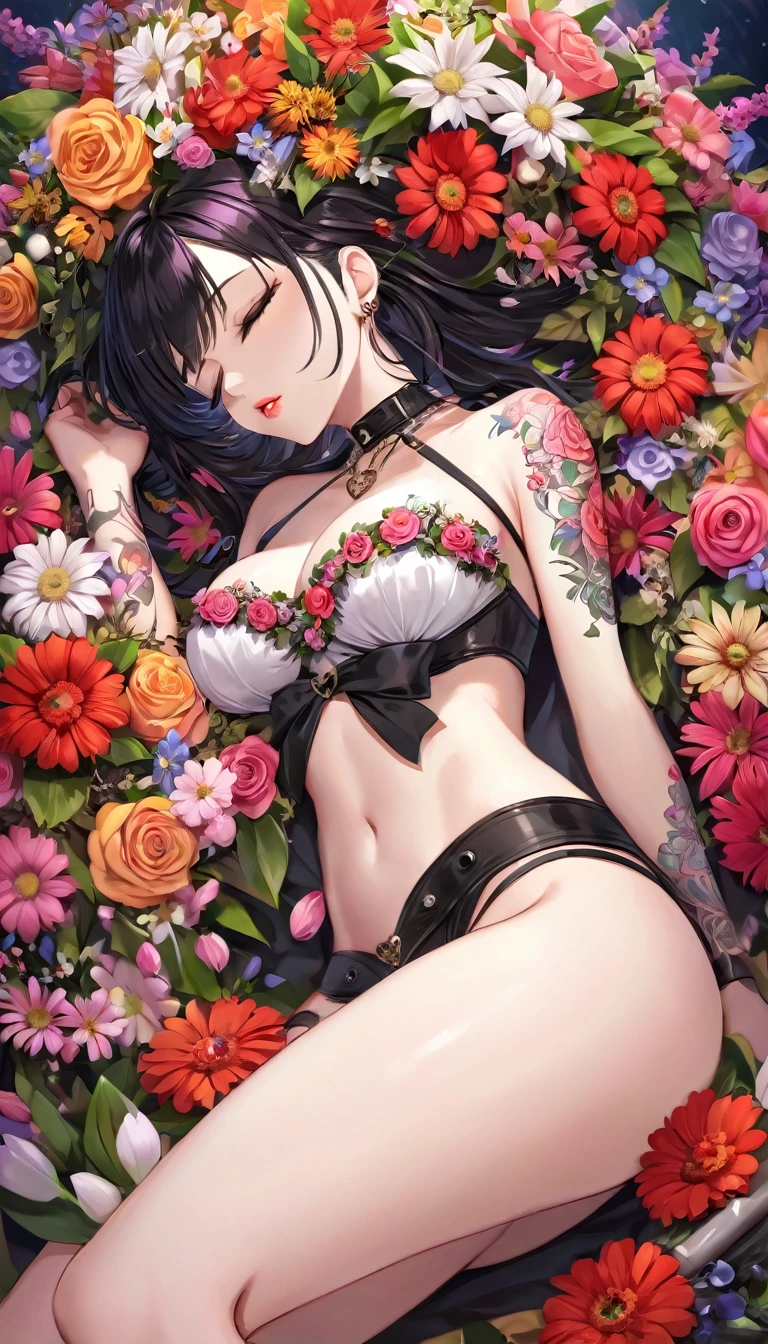 {{{{{16k}}}}}, {{{{{transforming a pure corpse girl into her facial rank to the SSS rank of top-notch pretty actresses, She is laid on an coffin of flowers bouquets of flowers are stabbed her chest and her body becomes more curvy, Her tits are about as erect as an even larger coconuts and her tits are about to float up with them, she is turned into a cutesy flower arrangements, She knows that if she sleeps she will lose her life but she cannot stop her sleep her eyelids grow heavy and the moment she is fully asleep the flower absorbs her life blooms more cutely and transforms her corpse into something lovely and capable of eternal necrophilia, Each time she was necrophiliac her tattoos increased the tattoos her waist and underbust became thinner, her breasts become even larger and deeper with cleavage, Her hair is replaced by a bang long glossy very Straight black hair, The flower injects more and more female hormones into her corpse and only her body becomes female even though she is a  who should have died, She is fitted with a heart collar that puts people into eternal sleep which transforms her into a cute once-in-a-millennium narcotic flower arrangement that becomes her too-cute corpse}}}}},{{Extremely detailed}},{{{{{integrated her head pure small, She is in a normal position with her knees up and her crotch open, Enchanting Too thick and erotic lips, Her thickened lips shimmer with luster, A cutely girl's soul-draining white eyes}}}}},{{{{{Her tattoos spread all over her body with hallucinations, She is tattooed with lewd flowers on her neck, arms, lower abdomen, thighs, Flower piercings are attached all over her body, floral bill of ferings for her}}}}}