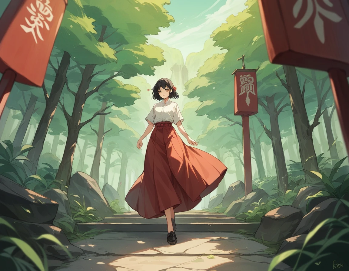 Girl in red long skirt、Bare legs and leather shoes、White shirt、Long black hair down to the waist、Big Tits、Fresh green forest、Red Japanese temple
