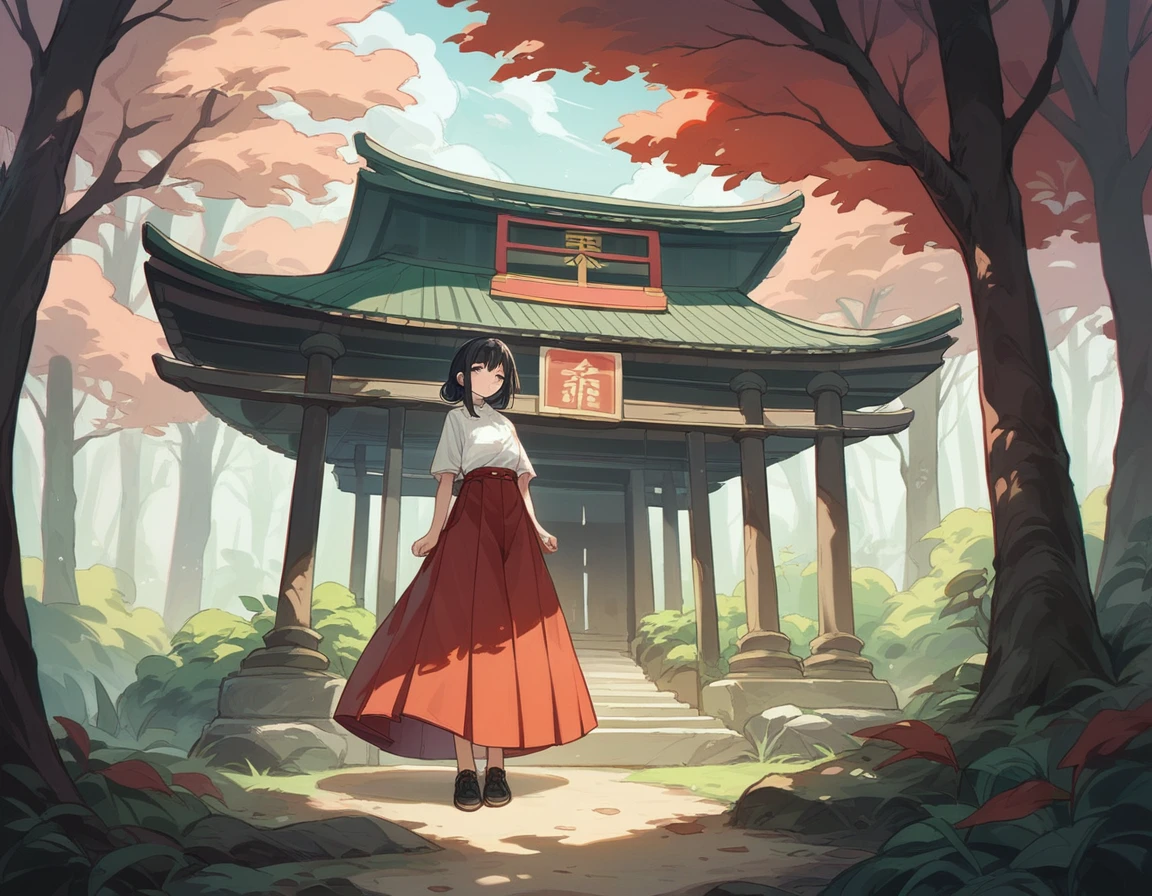 Girl in red long skirt、Bare legs and leather shoes、White shirt、Long black hair down to the waist、Big Tits、Fresh green forest、Red Japanese temple