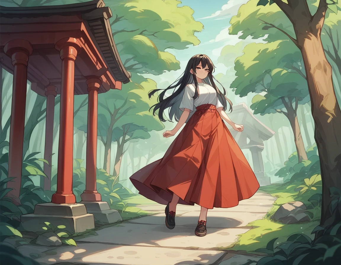 Girl in red long skirt、Bare legs and leather shoes、White shirt、Long black hair down to the waist、Big Tits、Fresh green forest、Red Japanese temple