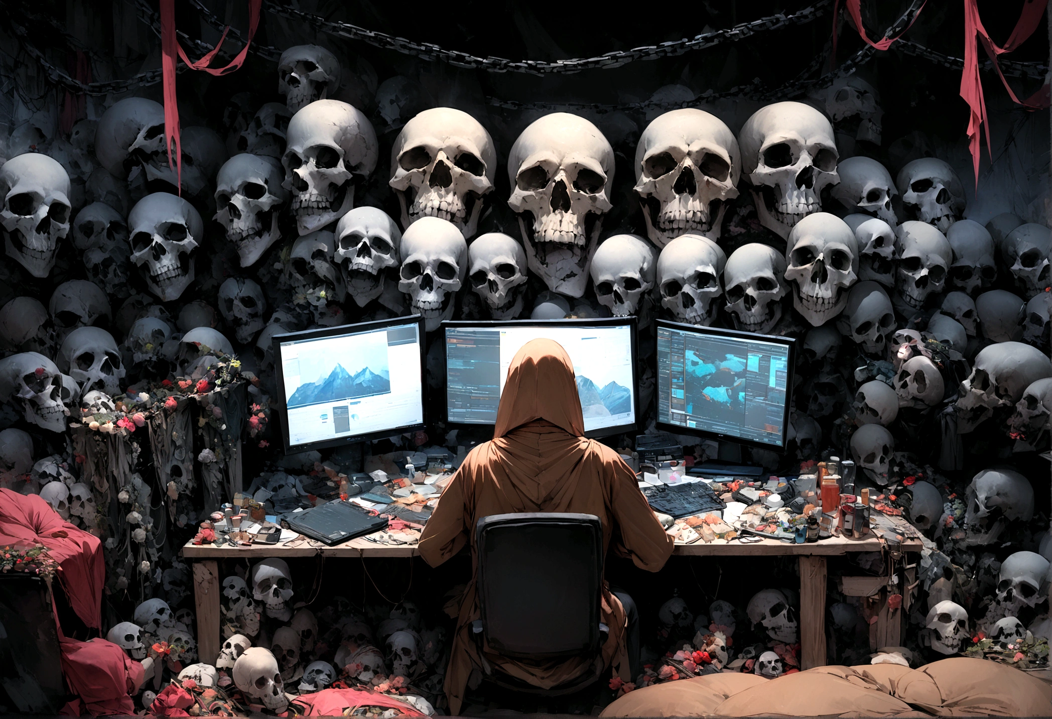 "An evil skull day trader sitting in front of several computers doing trading, top quality picture. Add the text 'Eder Santo Professional trader investments Creating terror in the market' in the image."