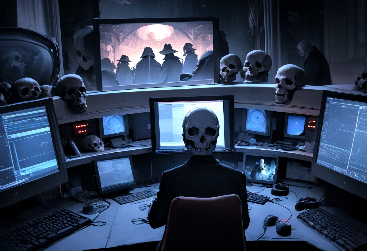 "An evil skull day trader sitting in front of several computers doing trading, top quality picture. Add the text &#39;Eder Santo Professional trader investments Creating terror in the market&#39; in the image."
