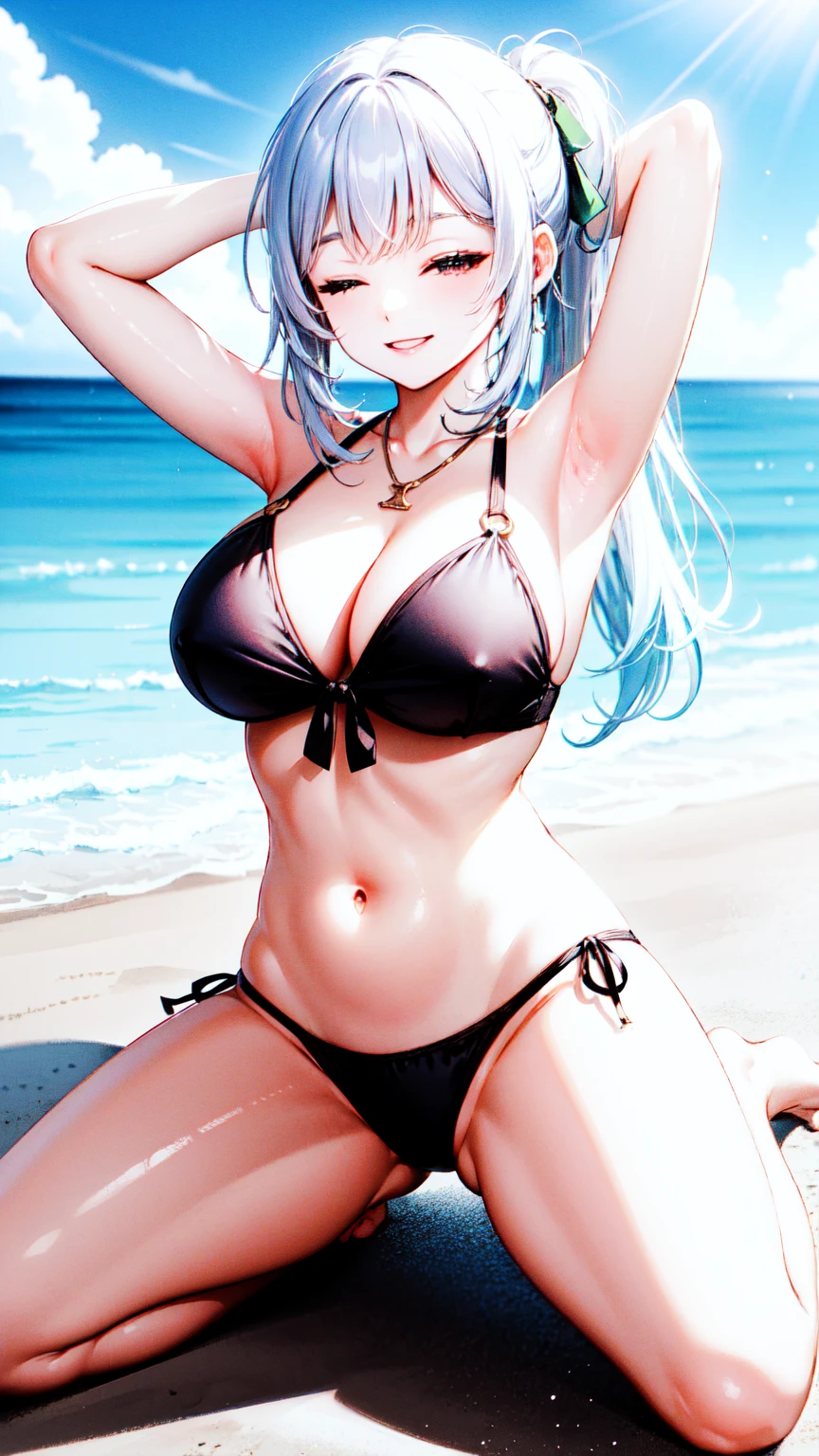 1girl,masterclass,best quality, illustration, solo, large breast, nahidadef, ;), smile, one eyes closed,bare_shoulders,beach,blue_sky,blush,breasts,cloud,front-tie_bikini_top,front-tie_top,full_body,navel,necklace,o-ring,o-ring_bikini,ocean,on_ground,outdoors,seiza,sitting,spread legs,sky,stomach,sunlight,swimsuit,arm up, arm behind head, armpits