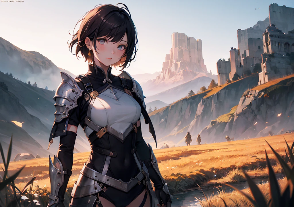 Realistic photos, Focus distance 10mm, Beautiful girl, Realistic photos, Focus distance 10mmで撮影, masterpiece, 最high quality, high quality, Very detailed CG 8k wallpaper unit, Award-winning photography, Bokeh, Depth of written boundary, High resolution, bloom, chromatic aberration, Realistic, Very detailed, Art Station Trends, CGsociety Trends, Complex, High detail, dramatic, Art on the go, volumetric lighting, Final Fantasy style beautiful girl、Golden Eyes、Short purple hair、Wearing warrior armor、Vast grassland and mountains in the background