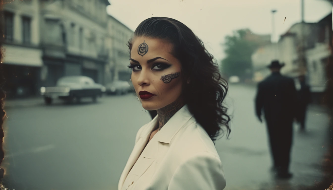 35mm vintage street photo of a powerful cute lady, horn, slick back long hair, muscular, gangster, neck tattoo, face tattoo, head up, white suit, white shirt,evil laugh, determined eyes, glowing eyes, proud, scary, eerie, dark, lucifer, in the street, bokeh, professional