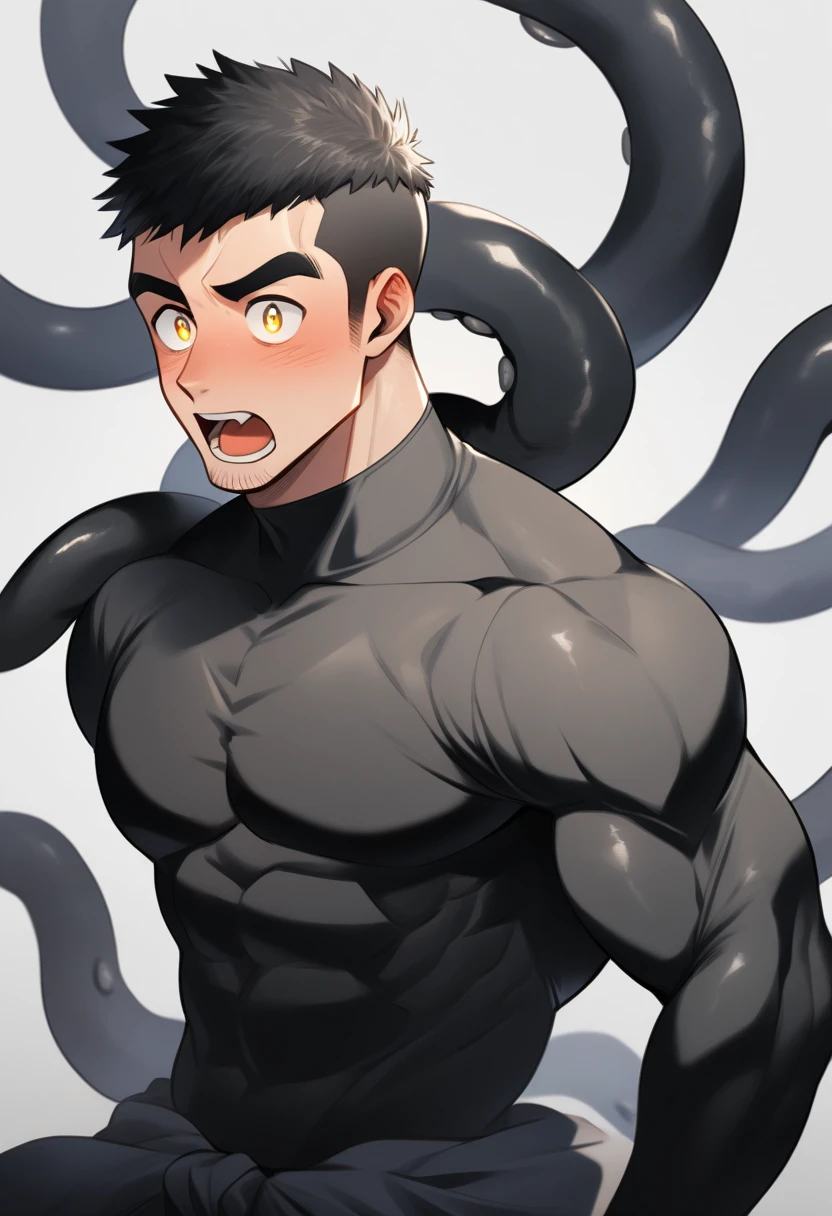 anime characters：Superhero in tights, negro black skin, He was entangled by a large number of thick black tentacles, Very stout, Lots of mucus, Wrap around the neck, Wrap around the waist, Tightly tied, Manliness, male focus, Yellow and black high collar long sleeve tight T-shirt, Slightly transparent material, Very tight, Round, full and perky chest muscles, Male dog waist, Slightly transparent, muscular male, muscular, only, Upper body, alone, Black short hair, Thick eyebrows, stubble, Yellow eyes, Grey background, simple background, amazing quality, best aesthetics, Ridiculous, bright pupils, crew cut, parted lips, blush, open mouth, scared, drop shadow, best quality