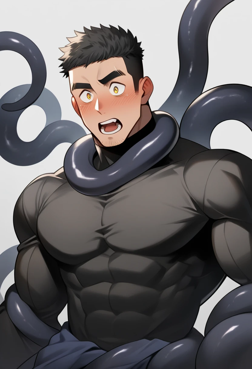 anime characters：Superhero in tights, negro black skin, He was entangled by a large number of thick black tentacles, Very stout, Lots of mucus, Wrap around the neck, Wrap around the waist, Tightly tied, Manliness, male focus, Yellow and black high collar long sleeve tight T-shirt, Slightly transparent material, Very tight, Round, full and perky chest muscles, Male dog waist, Slightly transparent, muscular male, muscular, only, Upper body, alone, Black short hair, Thick eyebrows, stubble, Yellow eyes, Grey background, simple background, amazing quality, best aesthetics, Ridiculous, bright pupils, crew cut, parted lips, blush, open mouth, scared, drop shadow, best quality