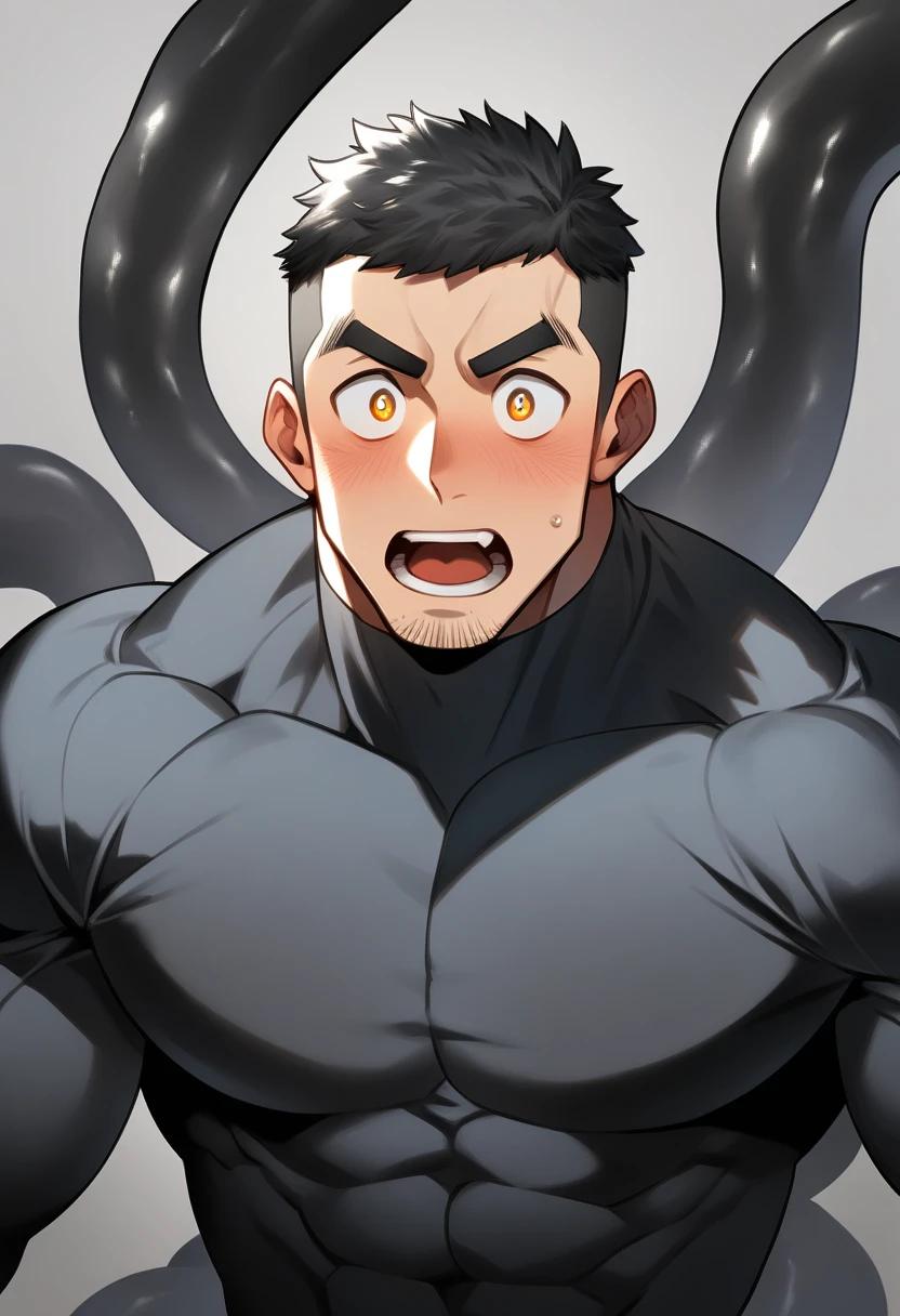 anime characters：Superhero in tights, negro black skin, He was entangled by a large number of thick black tentacles, Very stout, Lots of mucus, Wrap around the neck, Wrap around the waist, Tightly tied, Manliness, male focus, Yellow and black high collar long sleeve tight T-shirt, Slightly transparent material, Very tight, Round, full and perky chest muscles, Male dog waist, Slightly transparent, muscular male, muscular, only, Upper body, alone, Black short hair, Thick eyebrows, stubble, Yellow eyes, Grey background, simple background, amazing quality, best aesthetics, Ridiculous, bright pupils, crew cut, parted lips, blush, open mouth, scared, drop shadow, best quality