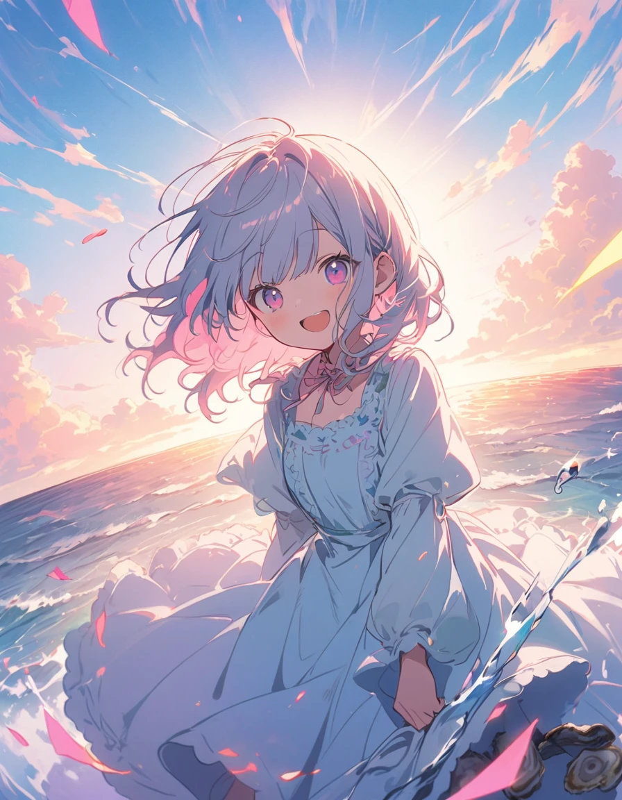 (masterpiece),(Highest quality), shape, ((oyster:2)), Gray wavy hair, Long eyelashes, Round eyes, smile, (cherry blossoms:1.2)、(美味しいOceanの幸)、(清浄Ocean域アジワ)、(Warm Beach Background:1.4)、((Ocean:1.8))、Outdoor、Surrealism, Anaglyph, Stereogram, Atmospheric perspective, 8K, 超detailed, Accurate, Highest quality, 超High resolution, Textured skin, Pale maroon frilled dress, (pastel colour) , paper_cut、(Highest quality、masterpiece、High resolution、detailed)、animeスタイル、Flat Style、(Shining Eyes、detailed美しい顔), break,1 Girl、extremely detailed(The Shining), Best lighting, Best Shadow、floating, (High saturation),Dynamic Angle、anime