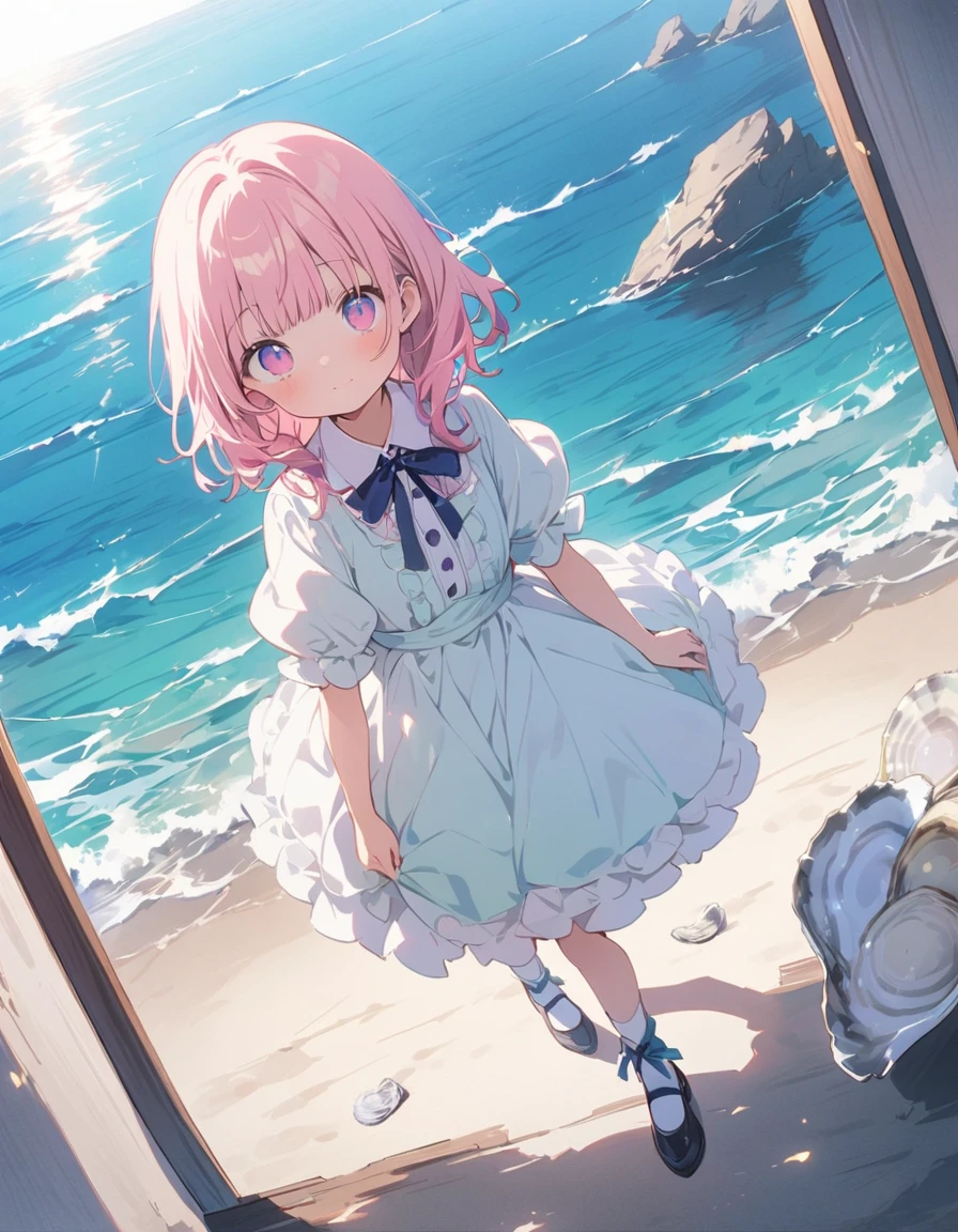 (masterpiece),(Highest quality), shape, ((oyster:2)), Gray wavy hair, Long eyelashes, Round eyes, smile, (cherry blossoms:1.2)、(美味しいOceanの幸)、(清浄Ocean域アジワ)、(Warm Beach Background:1.4)、((Ocean:1.8))、Outdoor、Surrealism, Anaglyph, Stereogram, Atmospheric perspective, 8K, 超detailed, Accurate, Highest quality, 超High resolution, Textured skin, Pale maroon frilled dress, (pastel colour) , paper_cut、(Highest quality、masterpiece、High resolution、detailed)、animeスタイル、Flat Style、(Shining Eyes、detailed美しい顔), break,1 Girl、extremely detailed(The Shining), Best lighting, Best Shadow、floating, (High saturation),Dynamic Angle、anime